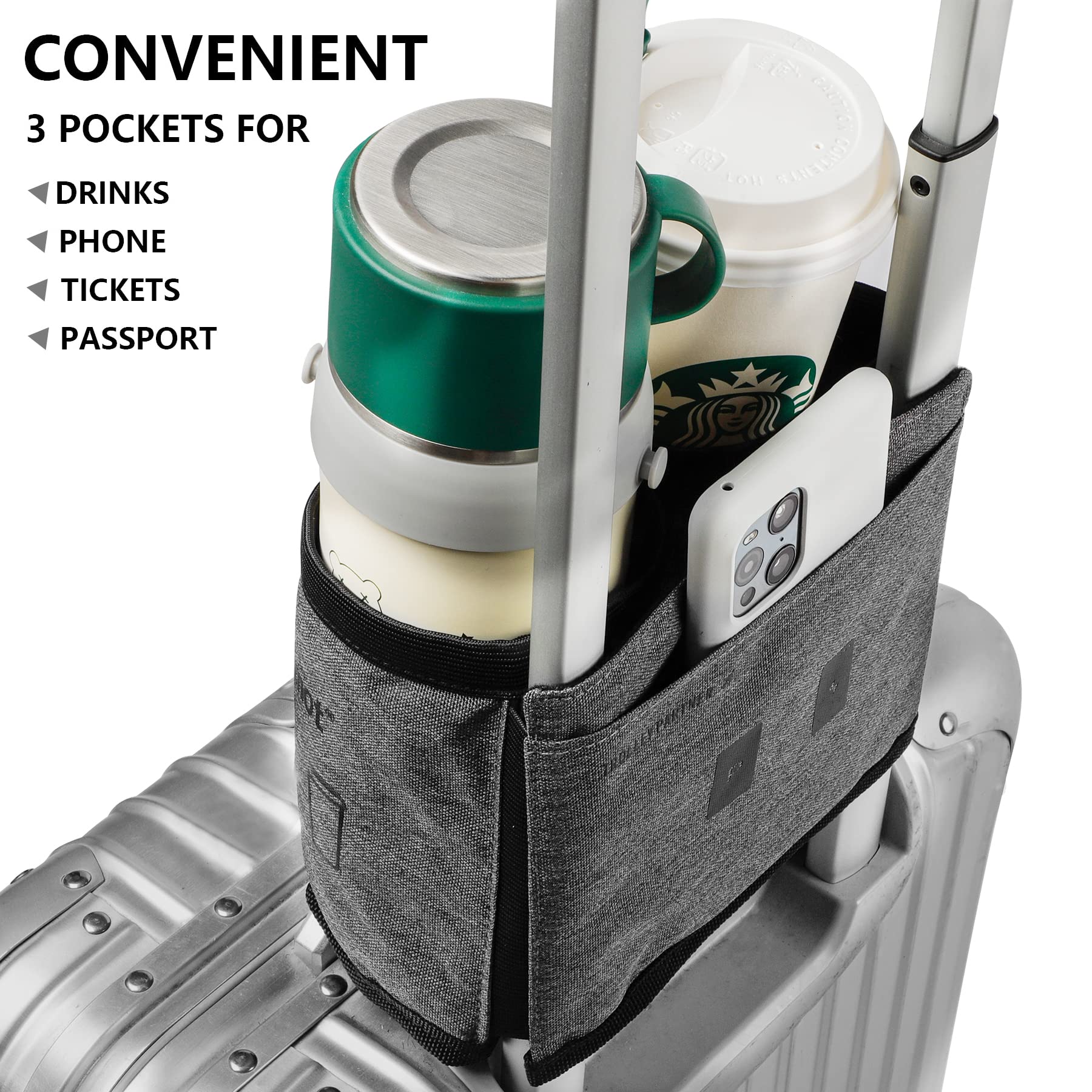 Suitcase Cup Holder for Luggage Handle – Travel Drink Holder with Phone & Passport Pocket