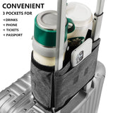 Suitcase Cup Holder for Luggage Handle – Travel Drink Holder with Phone & Passport Pocket