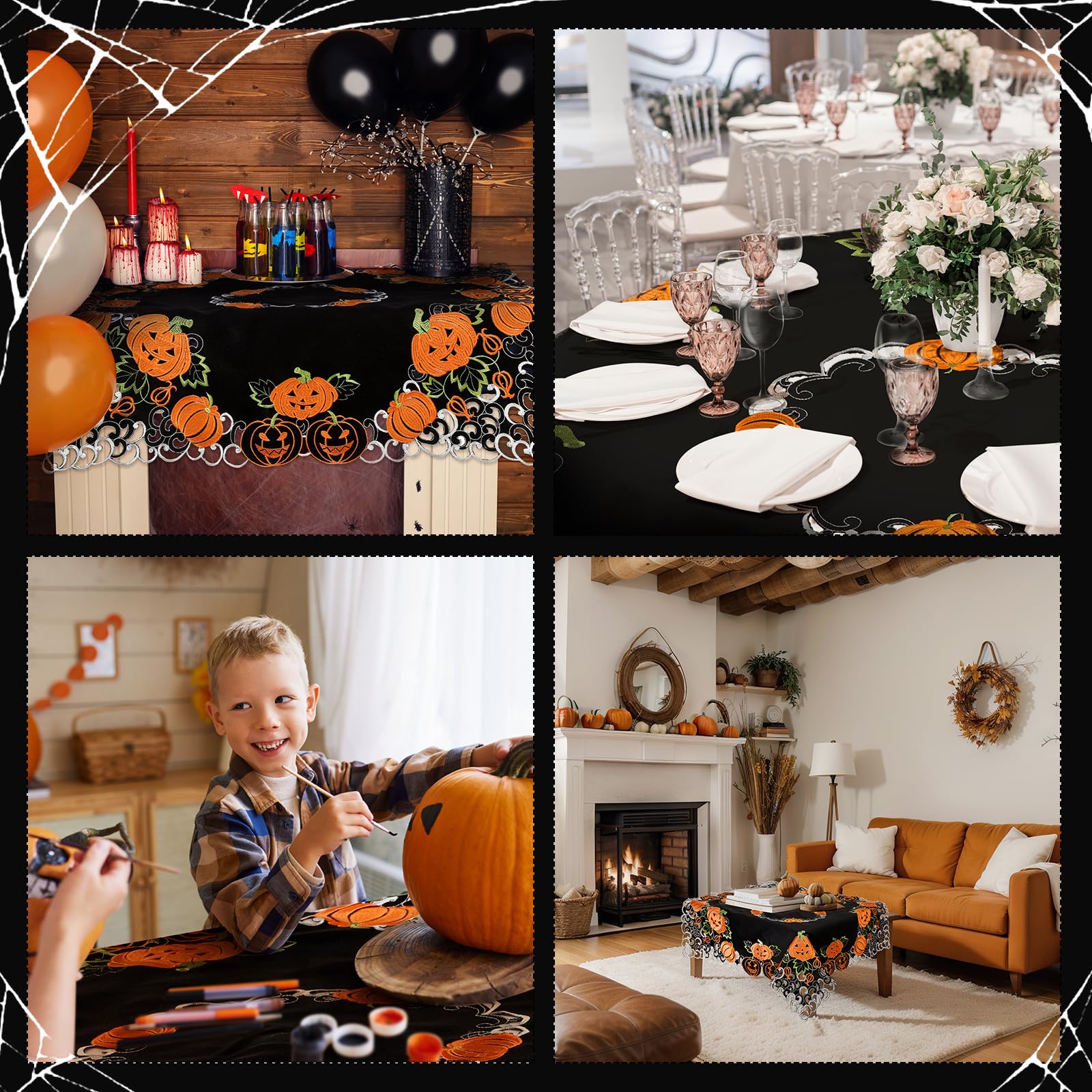 Halloween Pumpkin Embroidered Tablecloth – Square 33.8" x 33.8" Black & Orange Polyester