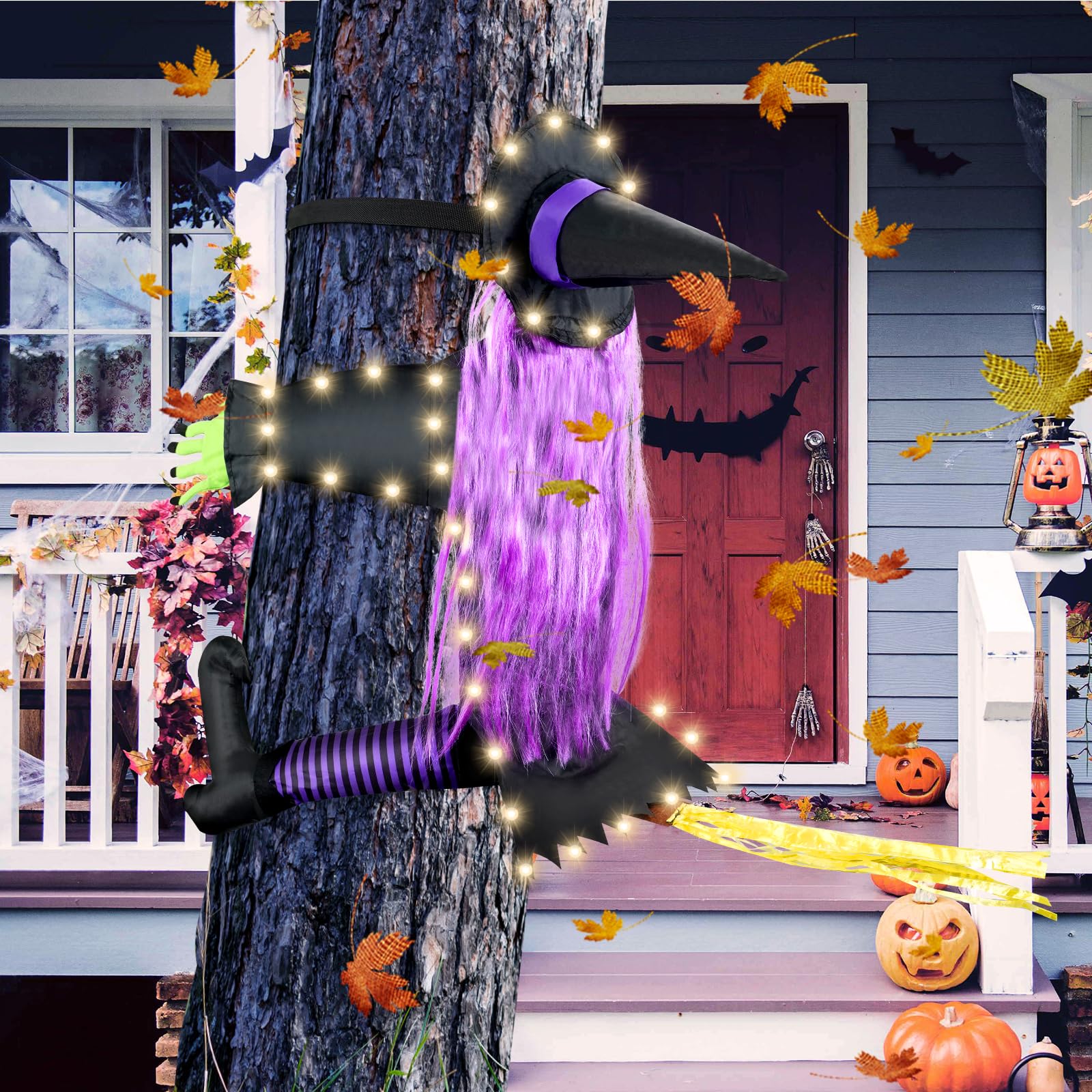 N&T NIETING 47" Witch Crashing Into Tree Door Column Outdoor Halloween Decoration, Funny Halloween Witch Ornaments Decor(Purple)