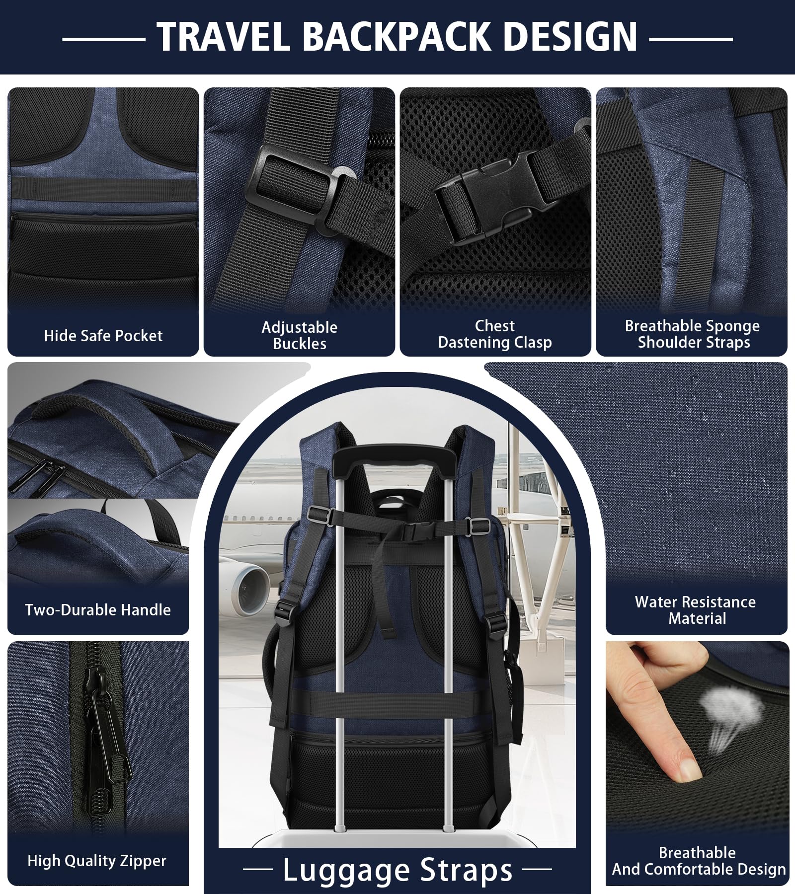 Expandable 40–50L Carry-On Travel Backpack with USB Cable Port – 17.3” Laptop, Blue