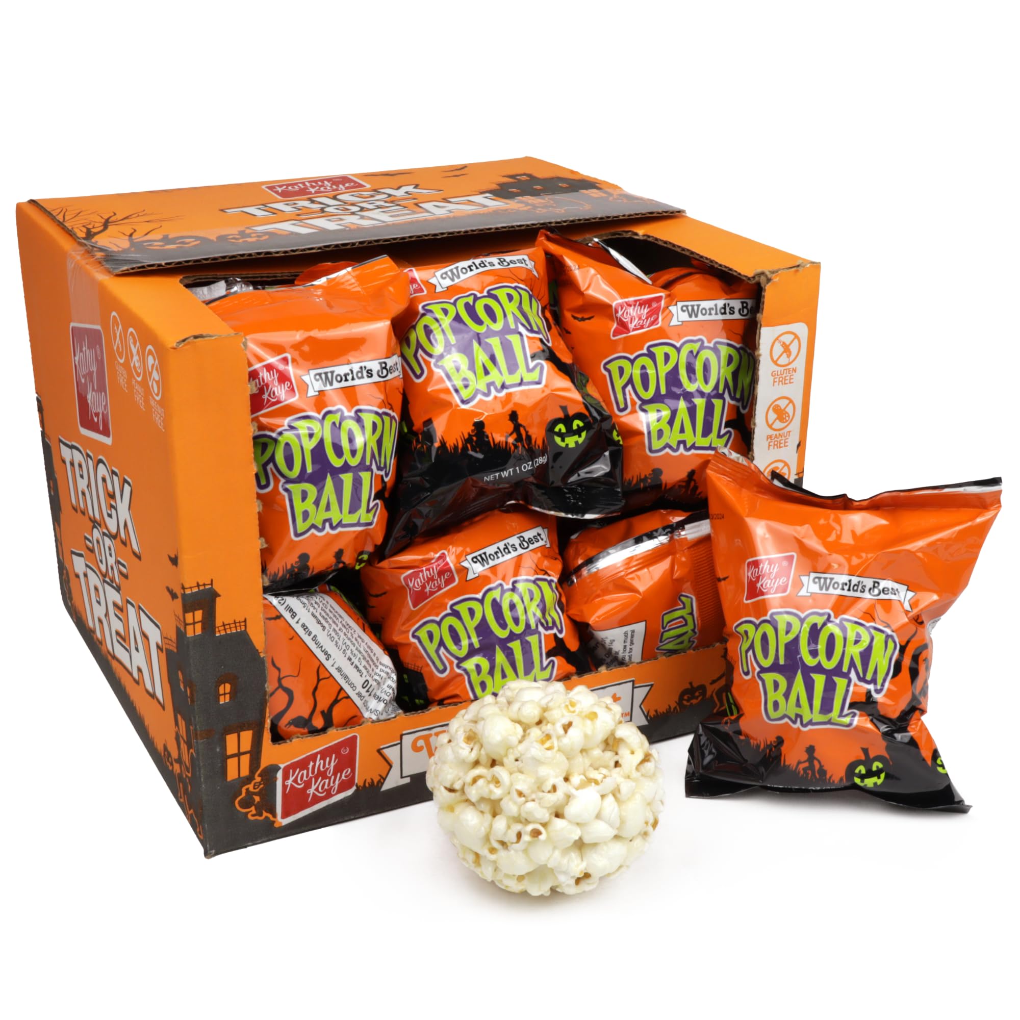 Kathy Kaye Halloween Popcorn Balls – 12 Individually Wrapped 1oz Treats, Gluten-Free & Nut-Free Snack Made in USA 🎃