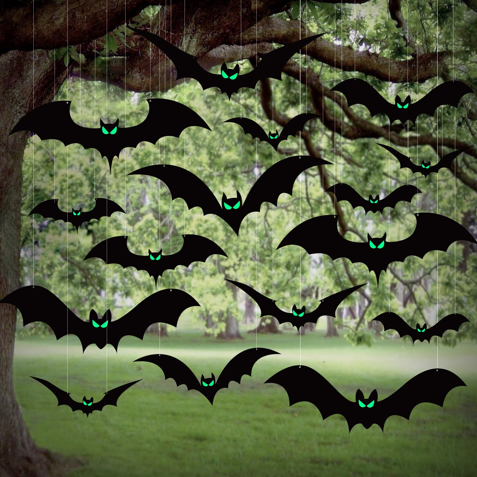 Halloween Hanging Bats Decorations – 20 PCS Set with Glowing Eyes & Fishing Line (3 Sizes Included)