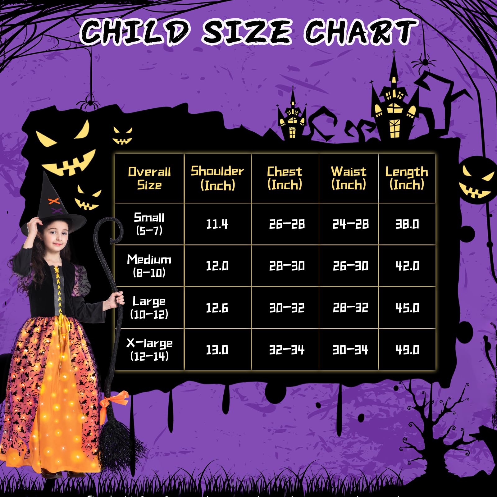 Purple Light-Up Witch Costume for Girls with Hat & Broom – LED Halloween Cosplay Outfit