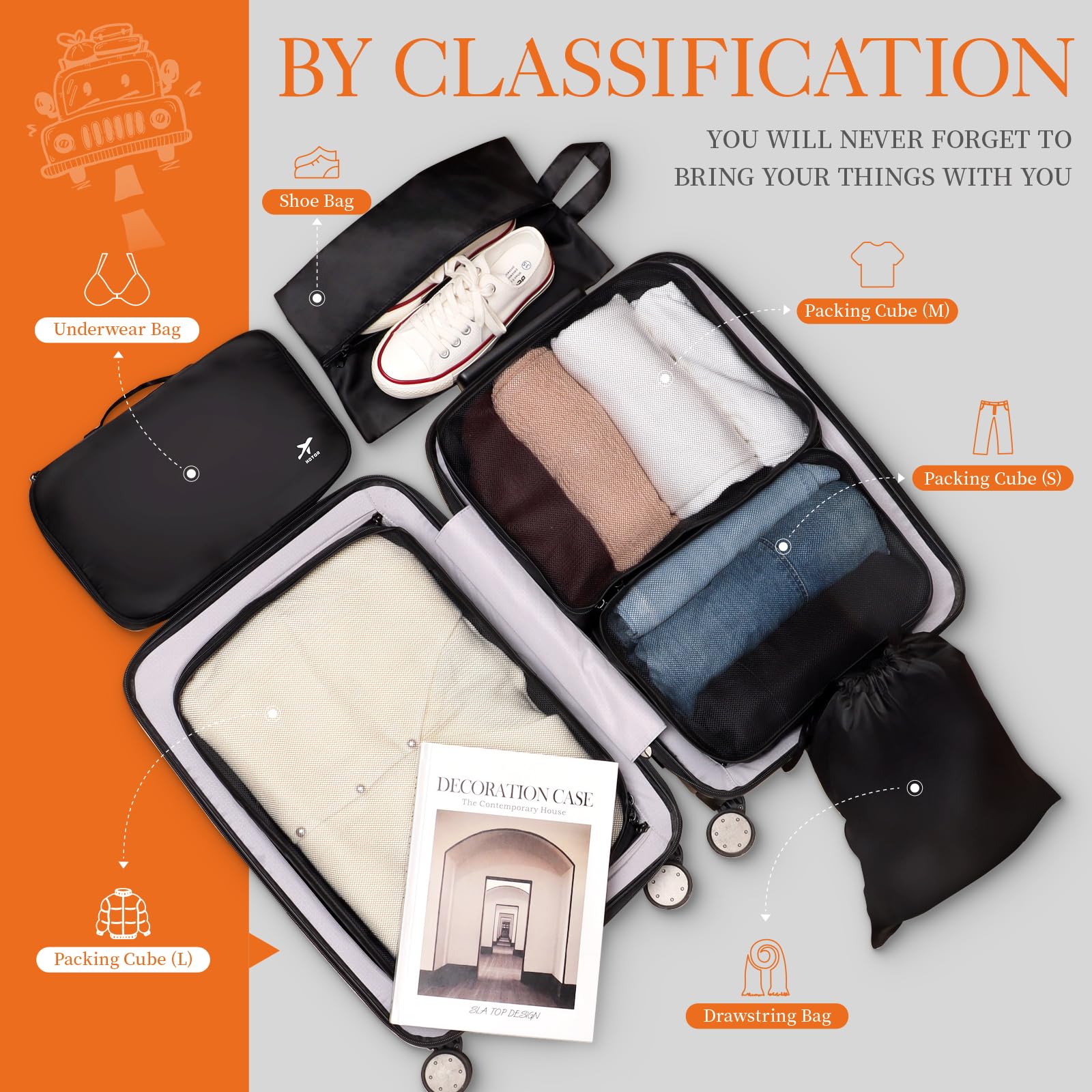 HOTOR 6-Piece Travel Packing Cubes Set for Luggage, Lightweight Suitcase Organizers with Shoe Bag and Underwear Pouch