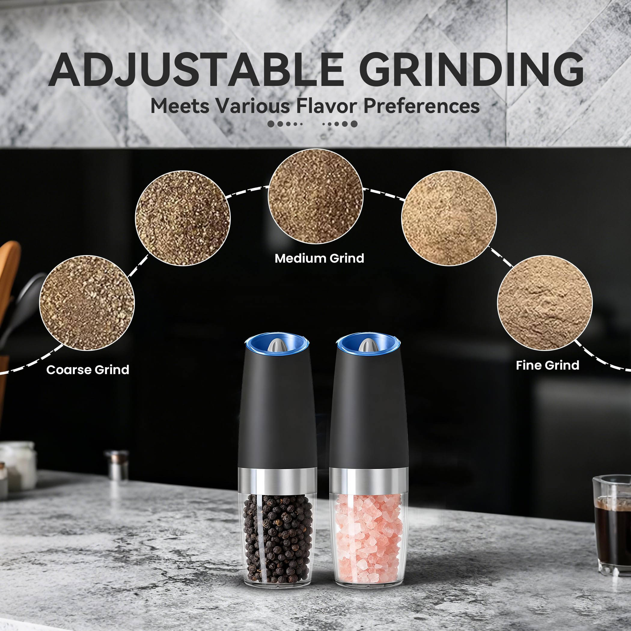 UNNEES Electric Salt & Pepper Grinder Set – Gravity Sensor, Adjustable Coarseness & LED Light