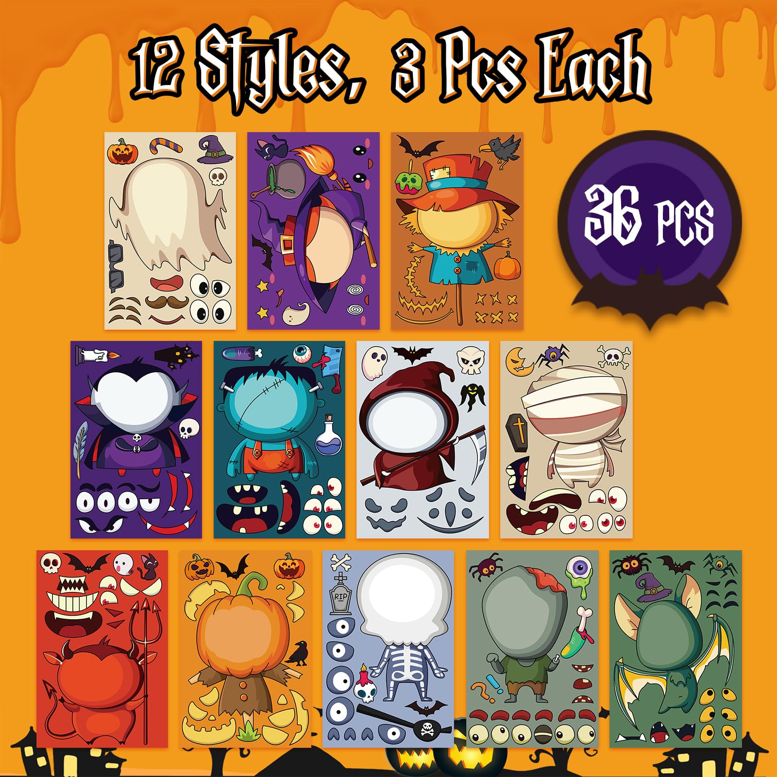 Halloween Face Sticker Set – 36 Sheets Mix & Match Googly Eyes, Witch, Ghost & Pumpkin Designs (Multi-Color)