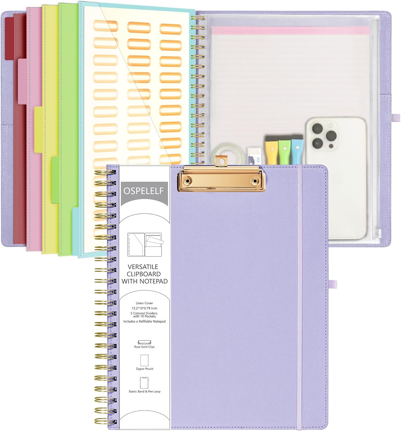 Purple Foldable Clipboard Folio with 10 Storage Pockets