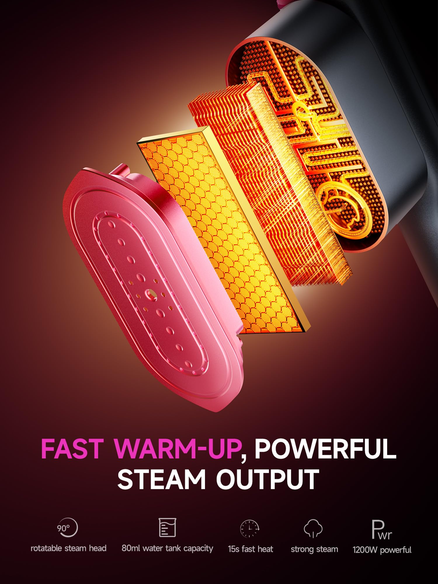 DRFLASH Rose Red 2-in-1 Professional Handheld Garment Steamer 1200W Foldable Travel Steam Iron with 7 Fabric Modes