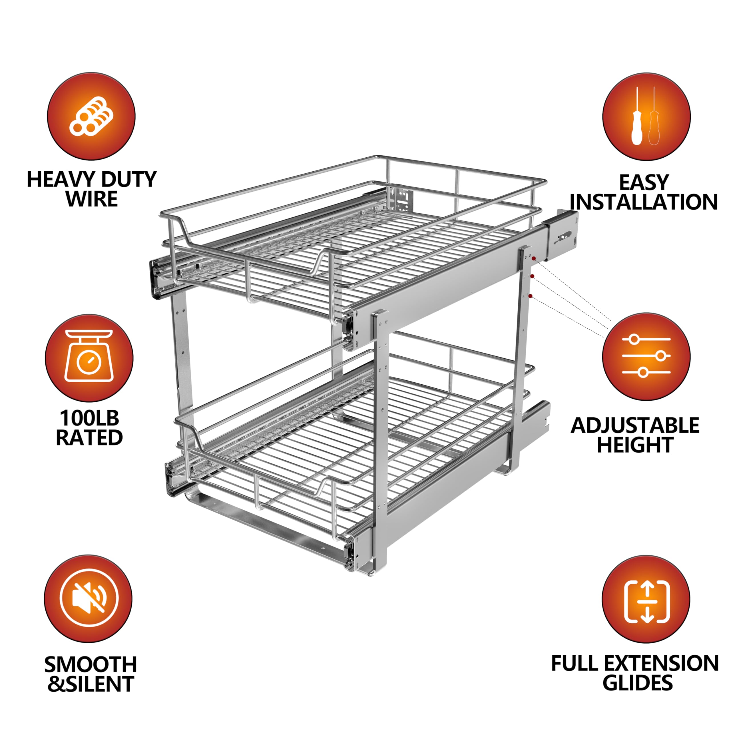 Jowboow 2-Tier Metal Pull-Out Cabinet Shelves – Adjustable Heavy-Duty Slide-Out Organizer for Deep Cabinets