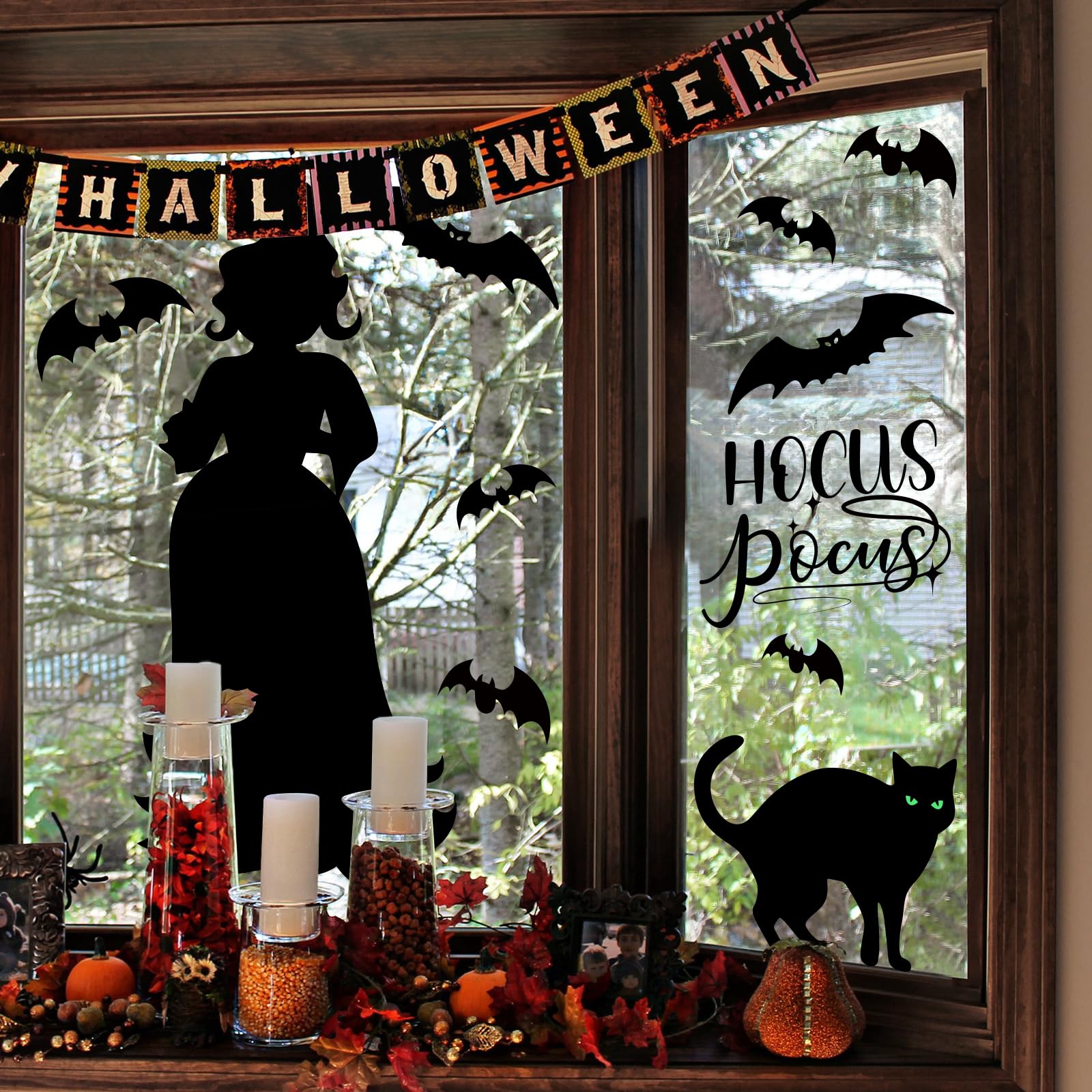 Halloween Window Clings – Extra Large Double-Sided Black Witch & Cat Stickers for Glass & Mirrors
