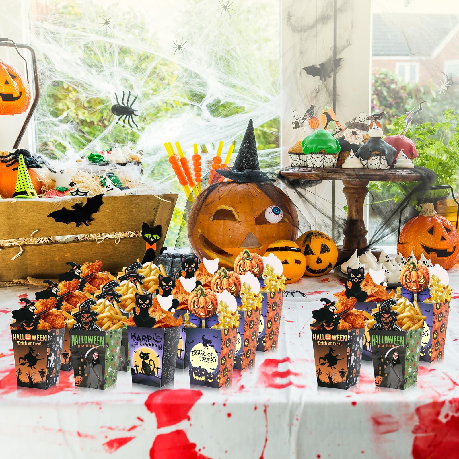 Halloween Popcorn Treat Boxes – 100-Pack Gray Snack Containers (4 Designs: Skeleton, Pumpkin, Cat & Witch)