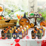 Halloween Popcorn Treat Boxes – 100-Pack Gray Snack Containers (4 Designs: Skeleton, Pumpkin, Cat & Witch)