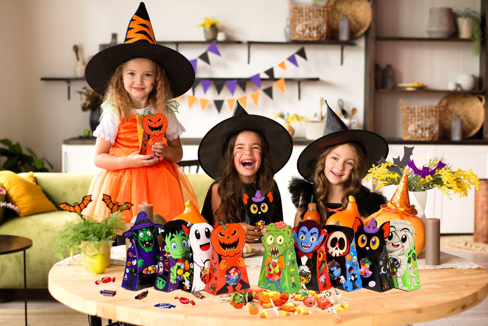 Giiffu 54-Pack Halloween Treat Boxes with Clear Window - 9 Designs Trick or Treat Candy Bags for Kids Party Favors Supplies, Classroom Exchange (6 x 4 x 2 Inches)