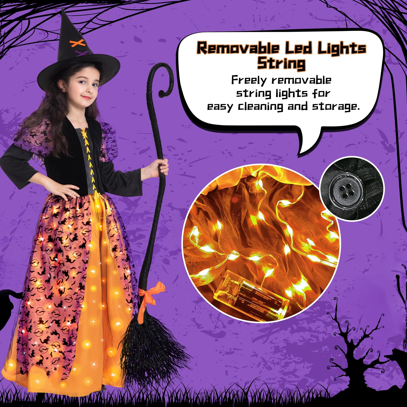 Purple Light-Up Witch Costume for Girls with Hat & Broom – LED Halloween Cosplay Outfit