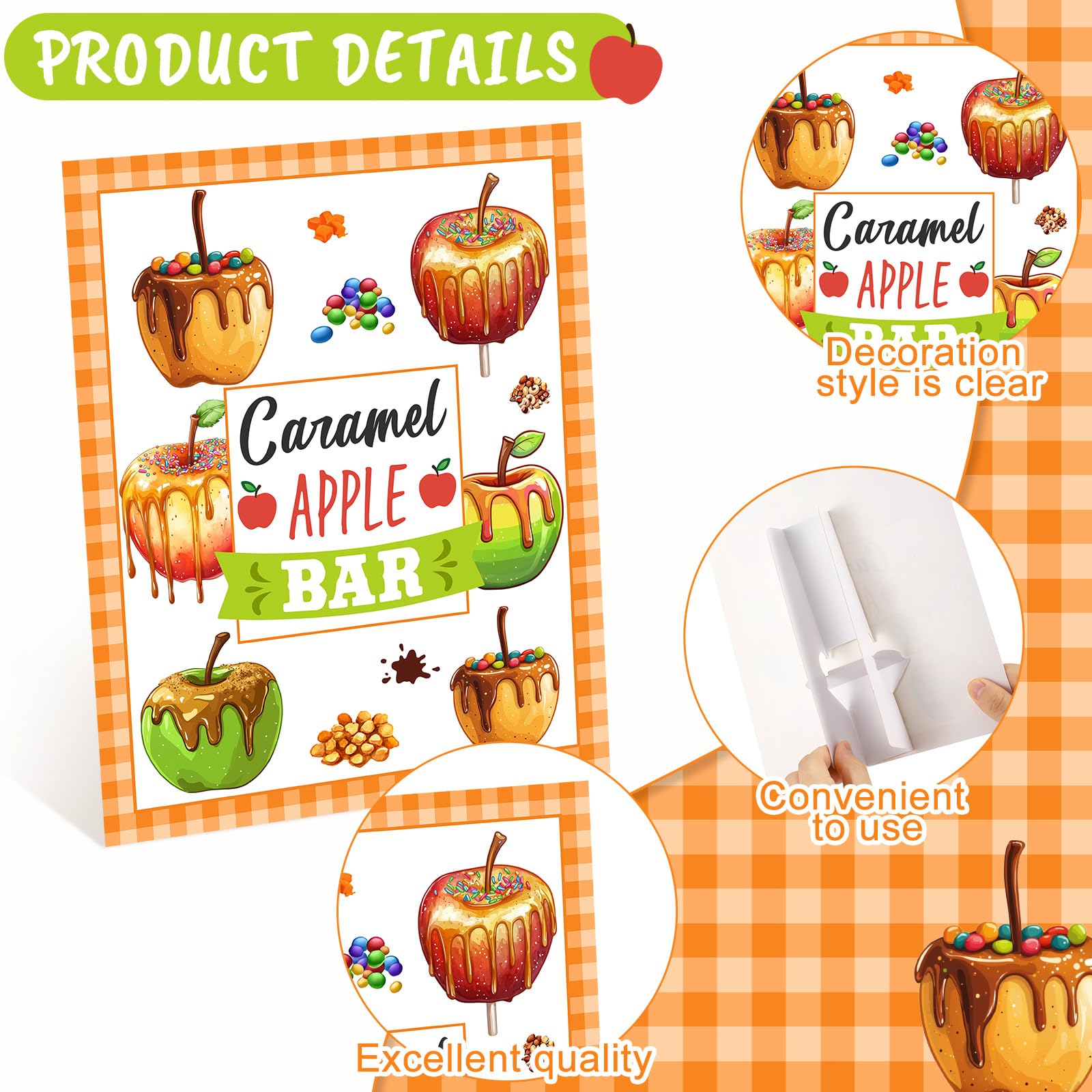 Caramel Apple Bar Decoration Kit – 14-Piece Fall Dessert Table Set with Standee & 12 Tent Cards (Orange Plaid Design)