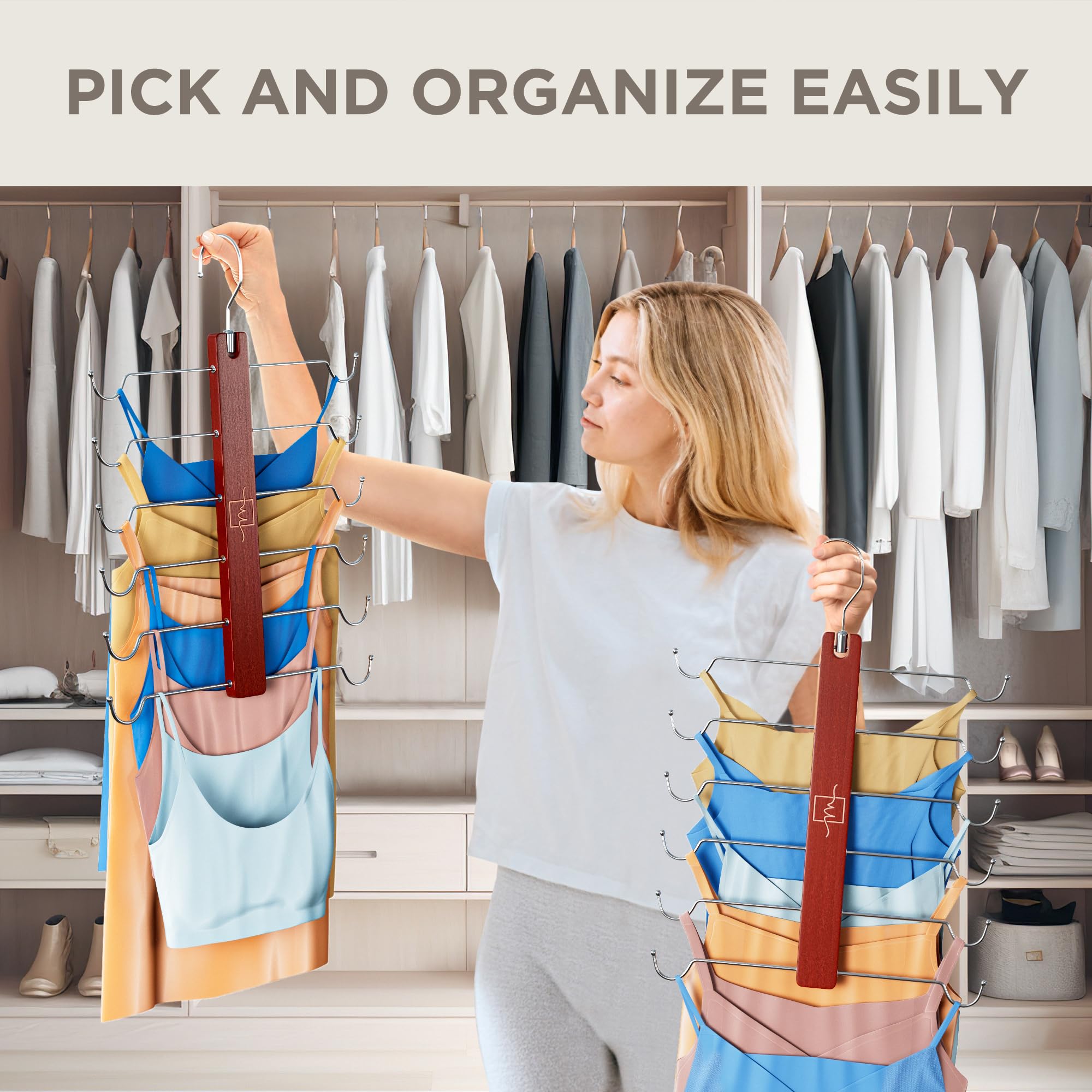 MORALVE Beechwood Tank Top & Bra Hangers 2-Pack – 6-Tier Space-Saving Closet Organizer with 360° Swivel Hook (Mahogany)