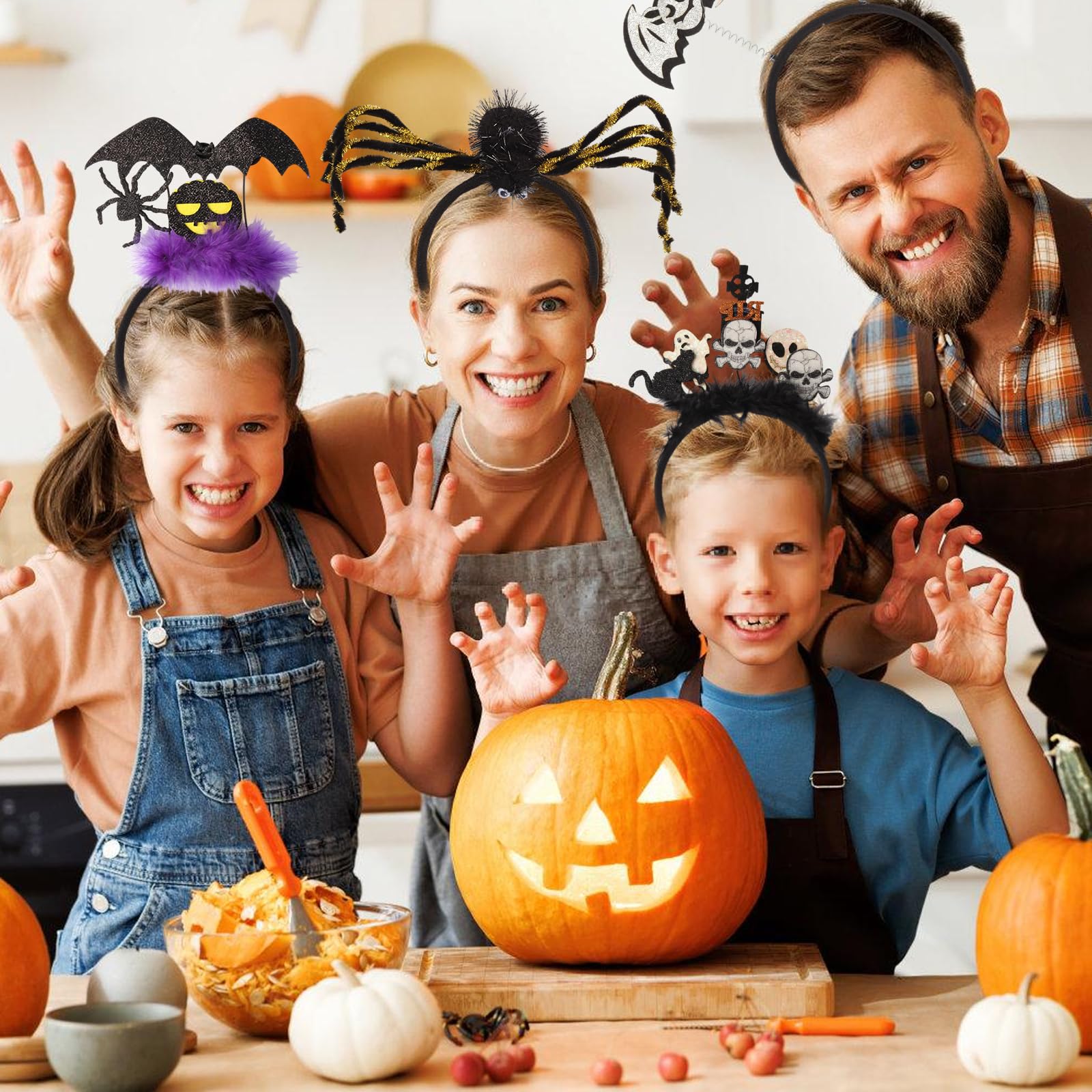 6-Pack Halloween Glitter Headbands – Witch Hat, Pumpkin & Bat Hair Accessories for Women & Kids