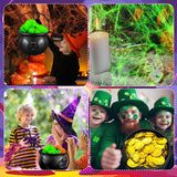 Black Witch Cauldron with Spider Webs – Halloween Candy Bowl & Decoration Set (1 Cauldron + 3 Web Packs, Green/Orange/Purple)