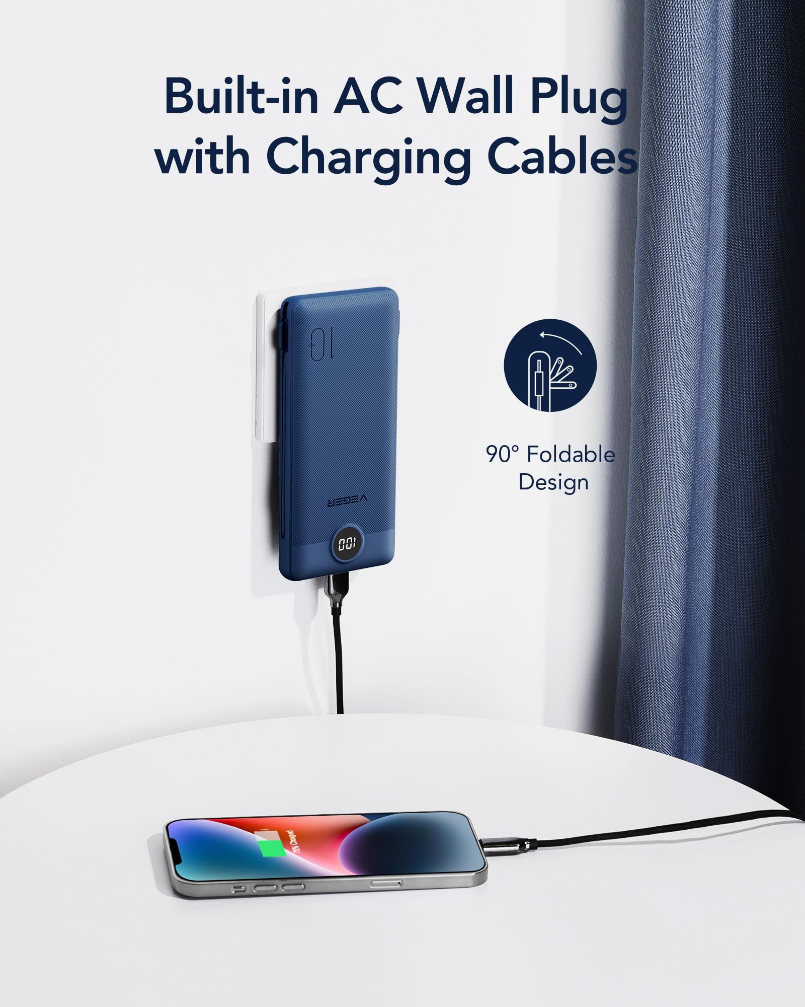 10000mAh Portable Power Bank with Built-In Cables & AC Plug – Fast Charging Multi-Device Battery Pack