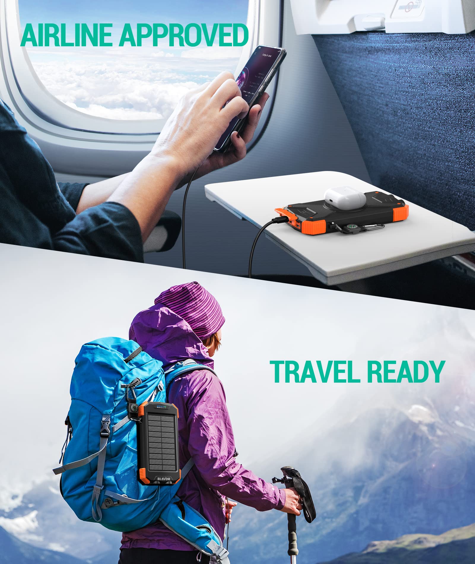 BLAVOR 10000mAh Solar Power Bank with 20W USB-C Fast Charging, Wireless Charging, Dual Flashlight & Compass – Waterproof Outdoor Portable Charger for iPhone, Samsung & Camping
