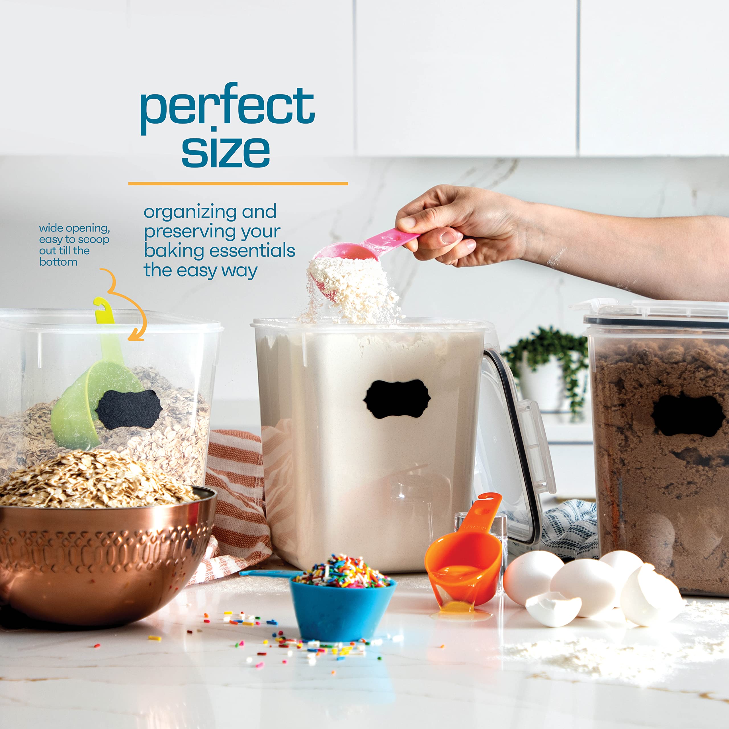 Large Airtight Rice Storage Containers Set – 4 Square 5.3L Pantry Canisters with Measuring Scoops & Labels