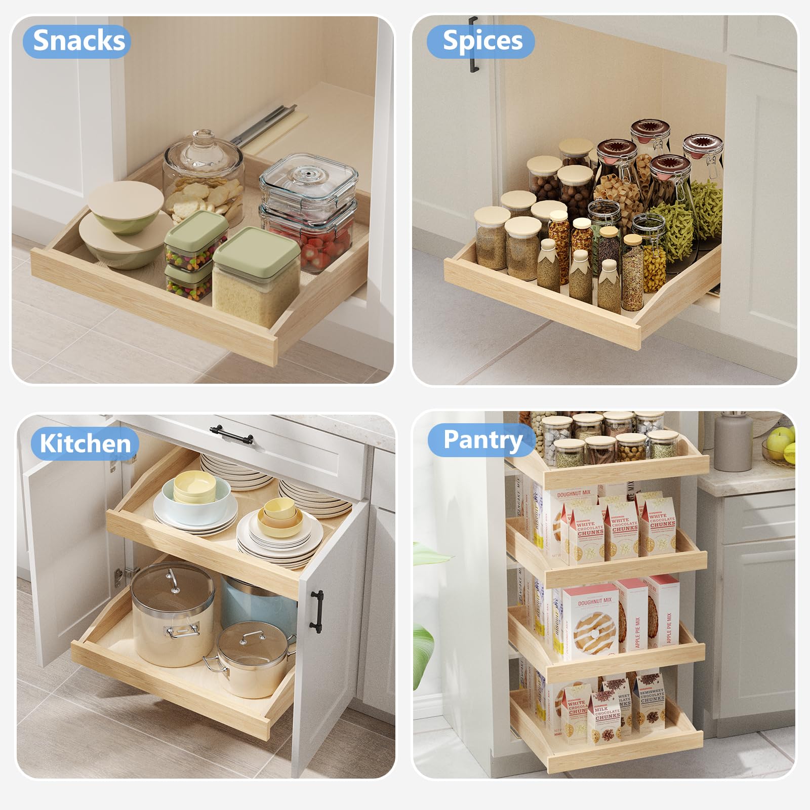 Lovmor Extra-Wide Single Pull-Out Cabinet Organizer with Soft-Close – Solid Wood Base Shelf Storage