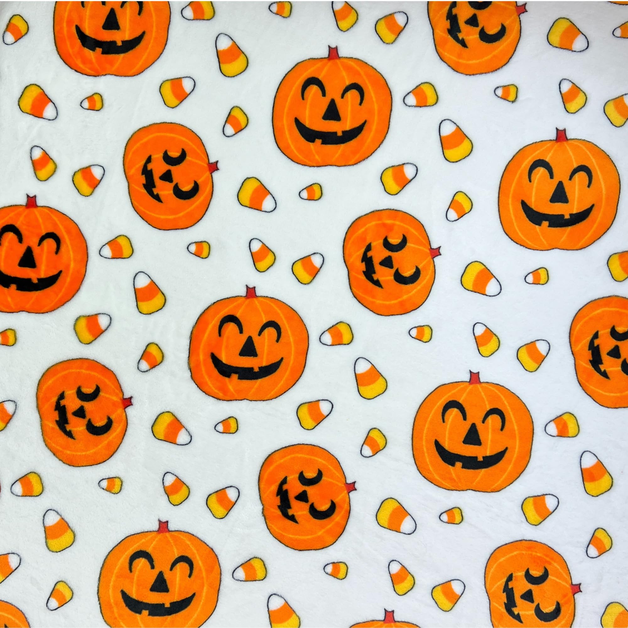 Halloween Velvet Fleece Throw Blanket – Jack O’ Lantern & Candy Corn Pattern (50x70”, White Yellow Orange)