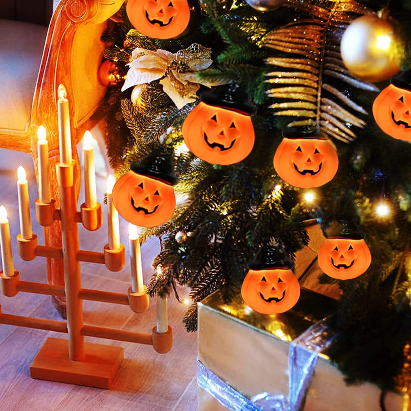 Halloween Pumpkin String Lights with Hats – 8.5Ft 10-Lantern Outdoor Jack-O’-Lantern Light Set, UL Listed Waterproof Decoration