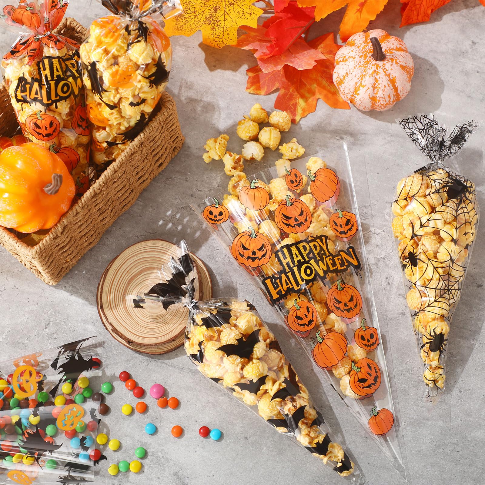 200 Pcs Halloween Cone Treat Bags – Pumpkin, Ghost, Bat & Spider Designs for Candy, Cookies & Party Favors (Cellophane, 4 Styles)