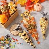 200 Pcs Halloween Cone Treat Bags – Pumpkin, Ghost, Bat & Spider Designs for Candy, Cookies & Party Favors (Cellophane, 4 Styles)