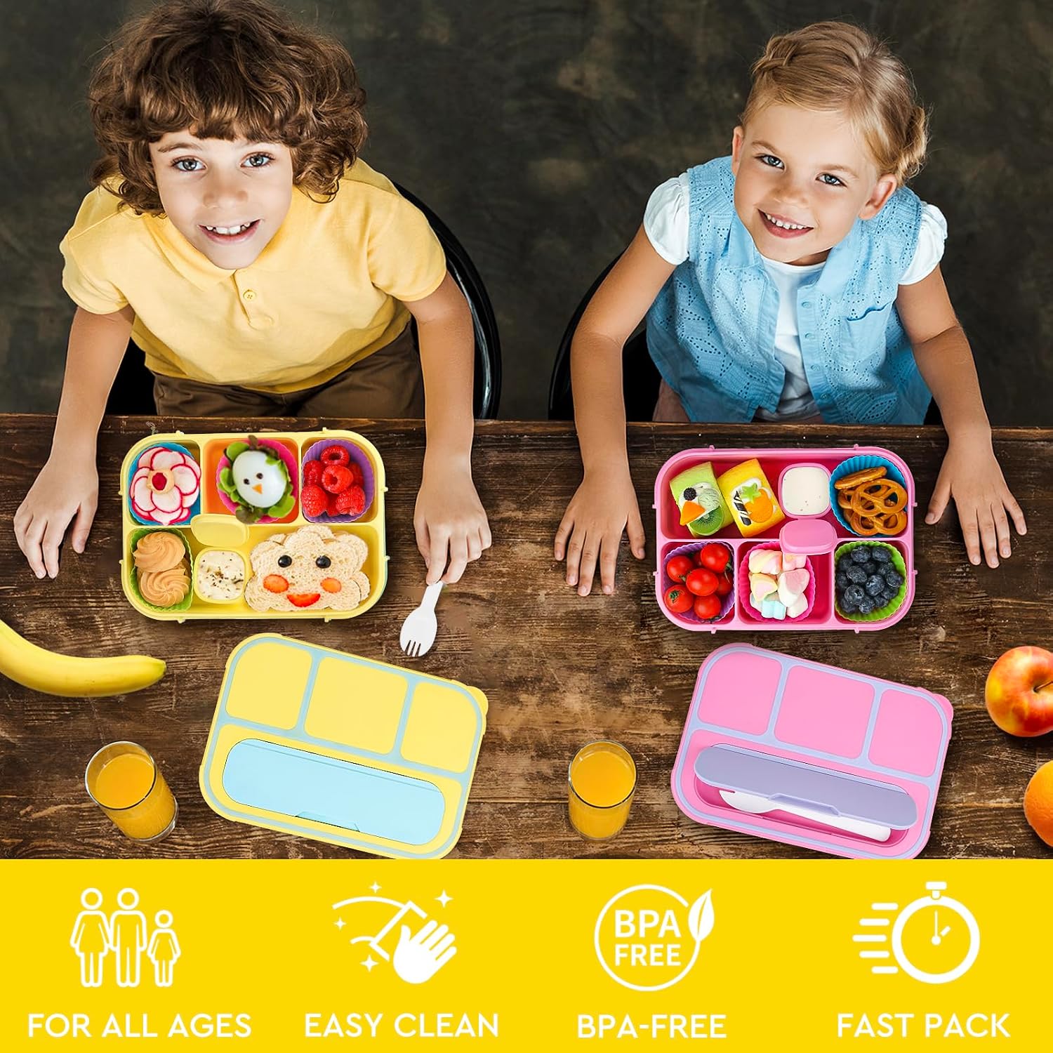 Yellow 1300 ml Bento Box with Dip Cup and Spork