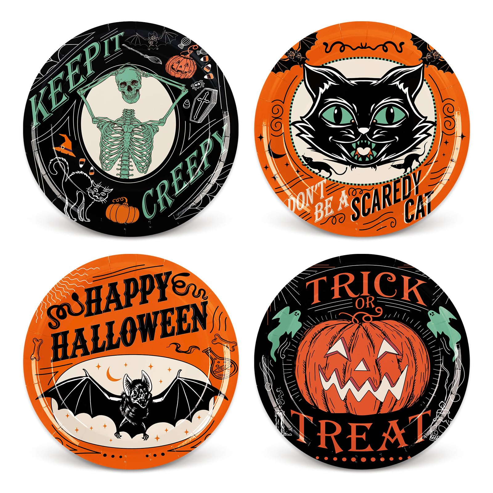 Halloween Vintage Plates – 40 Pcs Disposable 9" Paper Plates with Pumpkin, Cat, Bat & Skeleton Designs for Spooky Parties