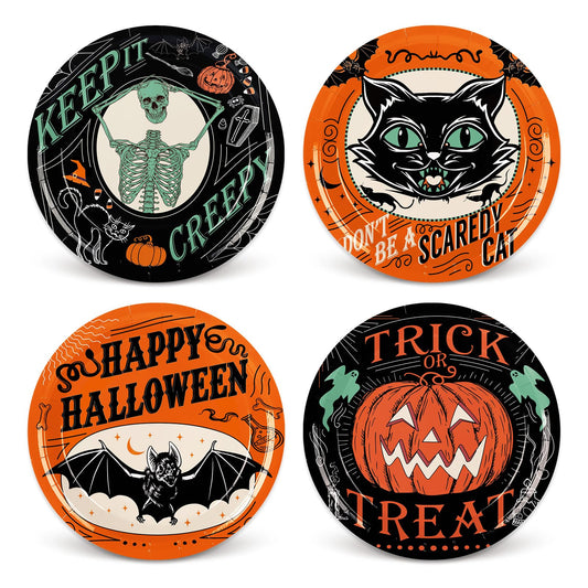 Halloween Vintage Plates – 40 Pcs Disposable 9" Paper Plates with Pumpkin, Cat, Bat & Skeleton Designs for Spooky Parties