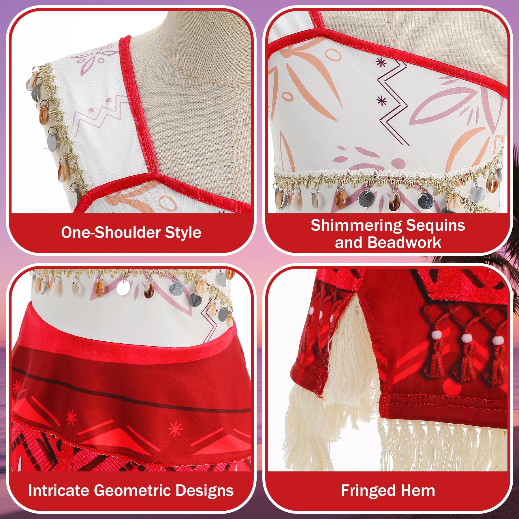 Girls Ocean Adventure Princess Costume with Red Wig – Halloween Cosplay Dress with Necklace & Flower Clip