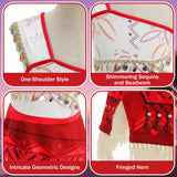 Girls Ocean Adventure Princess Costume with Red Wig – Halloween Cosplay Dress with Necklace & Flower Clip