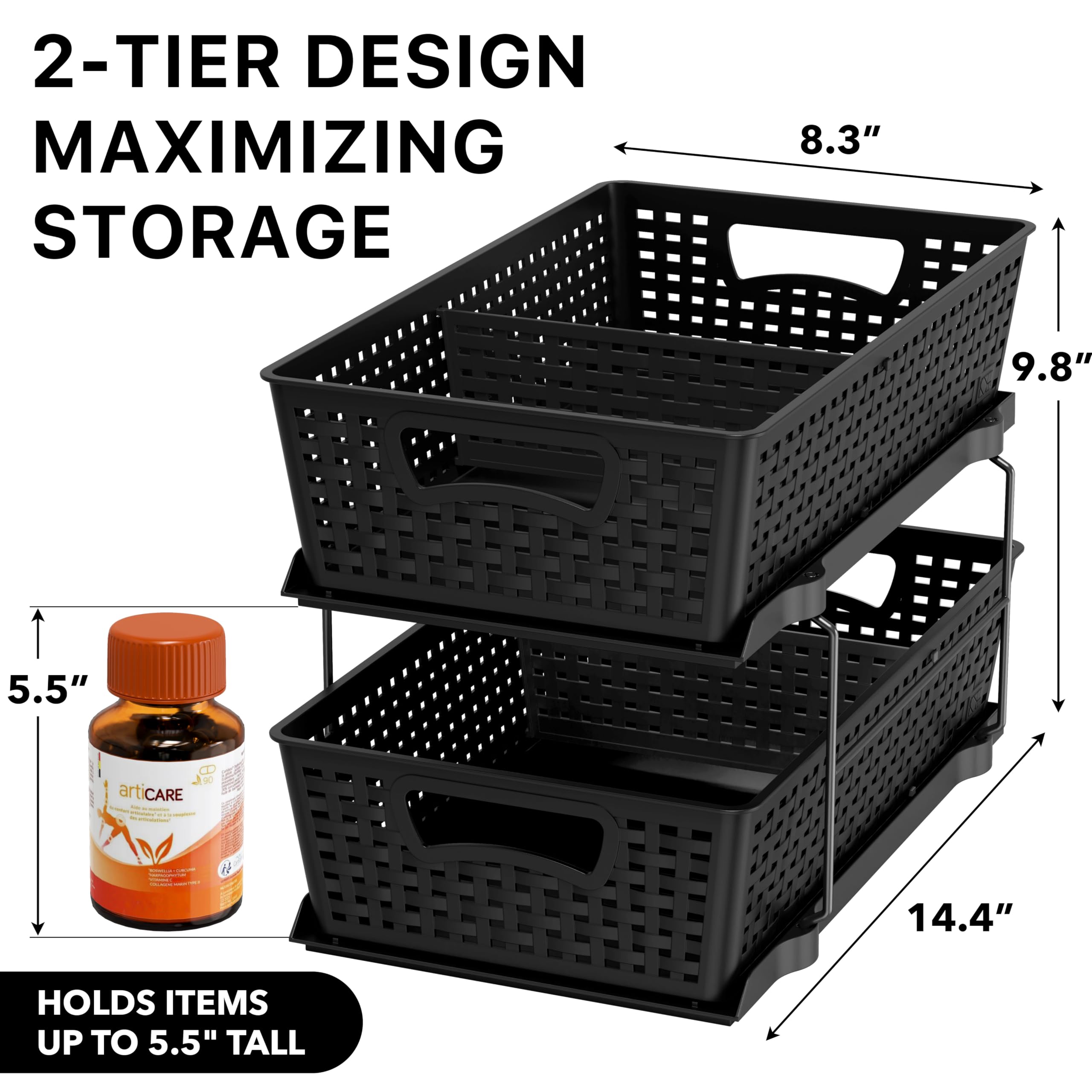 2-Tier Pull-Out Under Sink Organizer – Black Sliding Drawer Storage for Bathroom & Cabinets