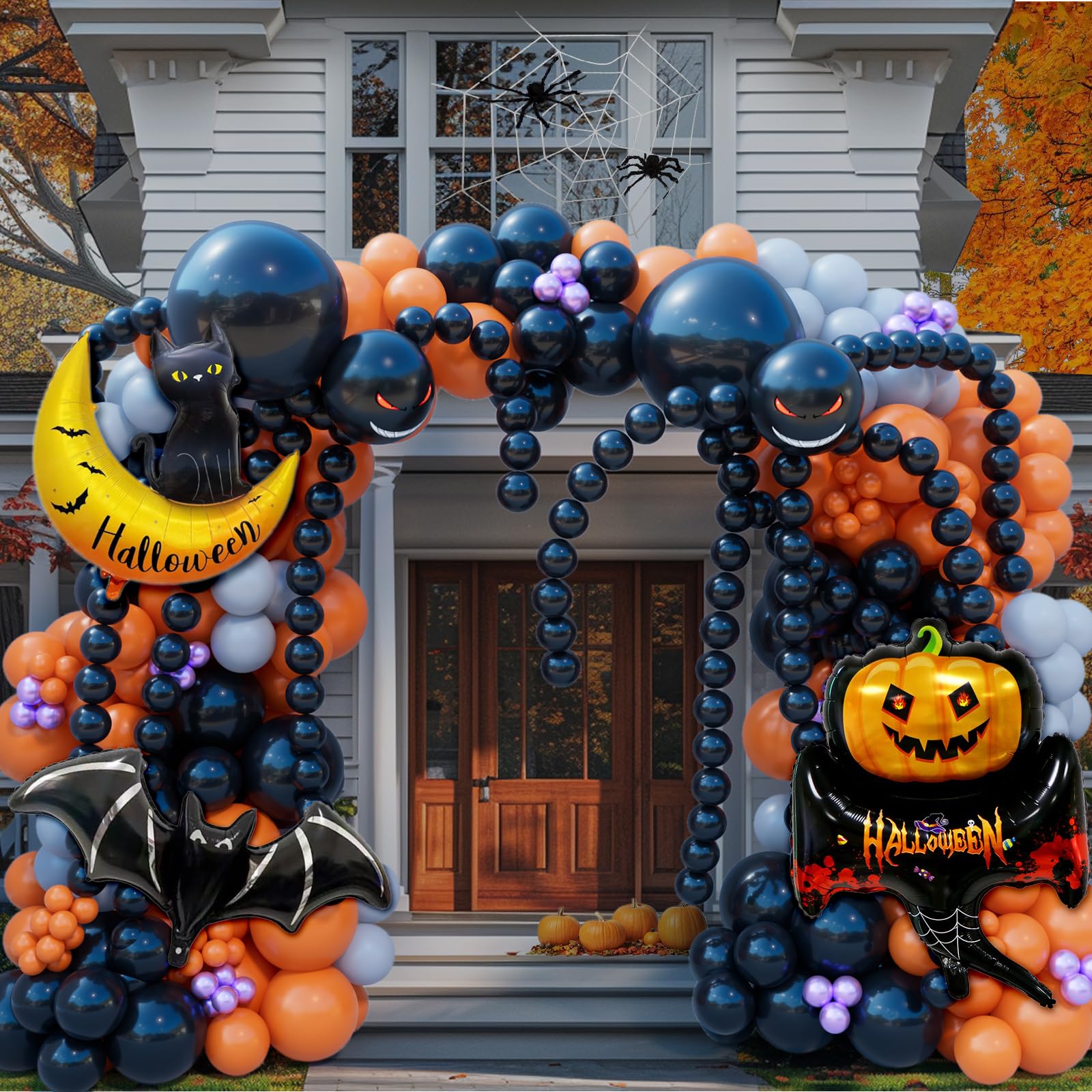 Halloween Balloon Garland Kit – 135pcs Black, Orange, Gray Balloons with Foil Bats, Cat Moon & Accessories