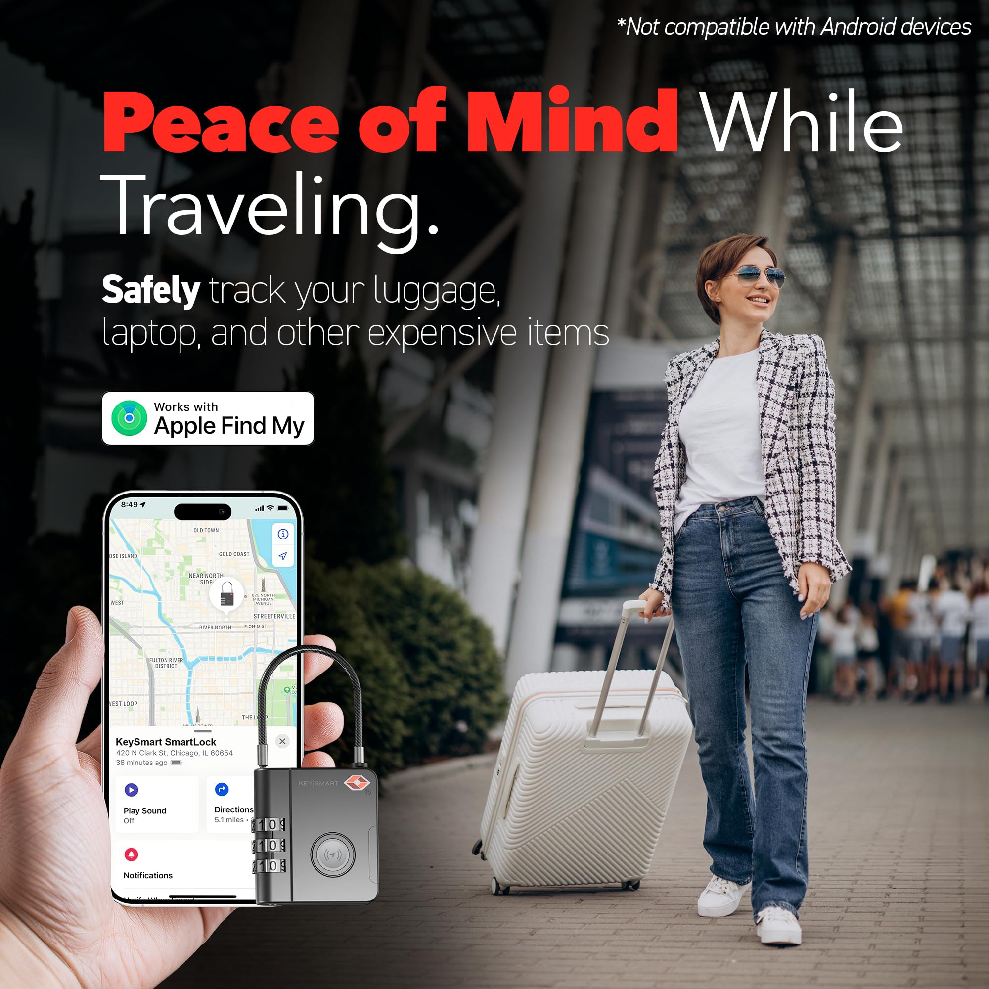 Smart TSA Luggage Lock with Apple Find My Tracking, Bluetooth Travel Security Padlock with Replaceable Battery