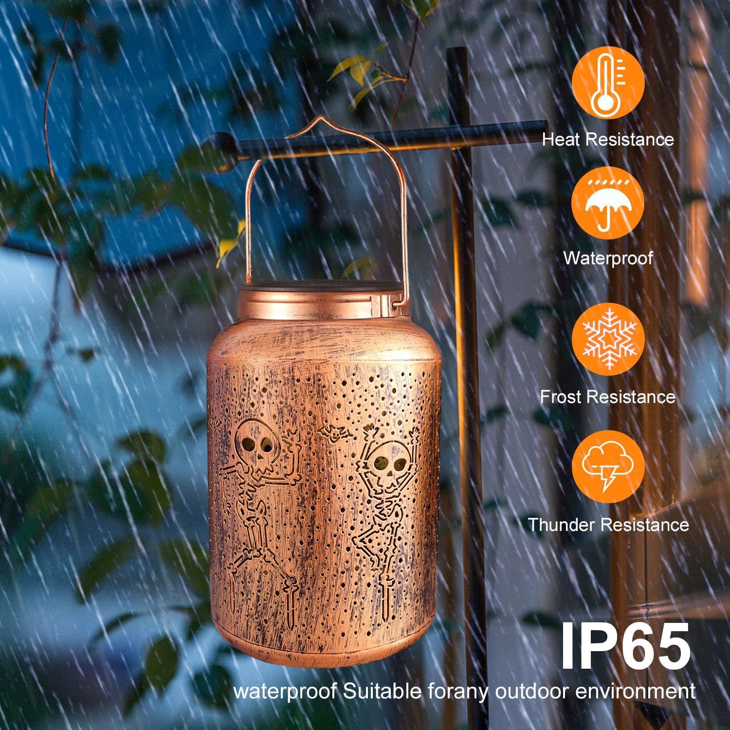 Solar Halloween Lantern – Retro Gold Copper Metal Design with Warm White Light & Auto On/Off (Waterproof Outdoor Decoration)