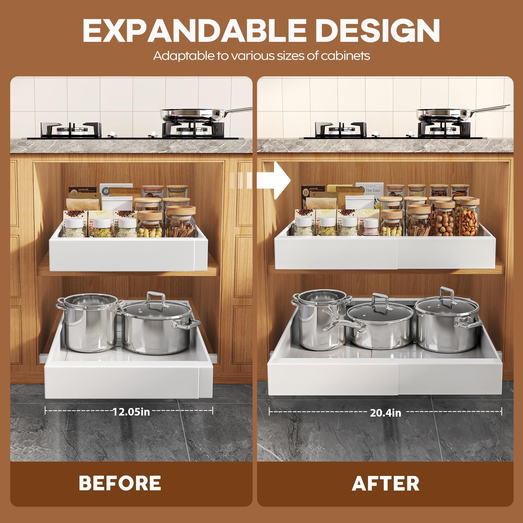 Expandable Pull-Out Cabinet Organizer – 21” Deep Soft-Close Slide-Out Shelves with Raising Pads (White, 2-Pack)