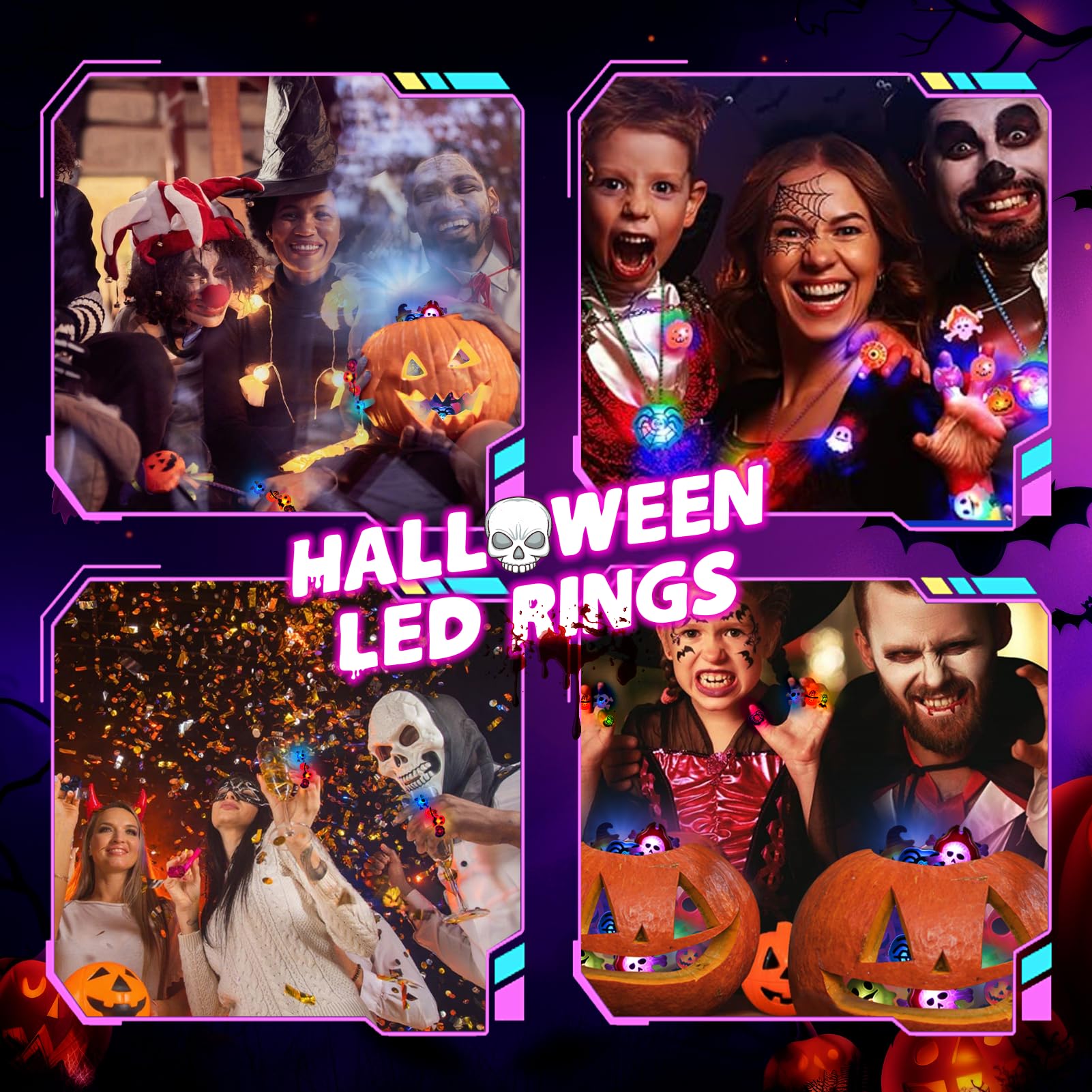Glow-in-the-Dark Halloween LED Rings – Colorful Light-Up Party Favors with Pumpkins, Ghosts, Skulls & Bats (2025 Upgrade)