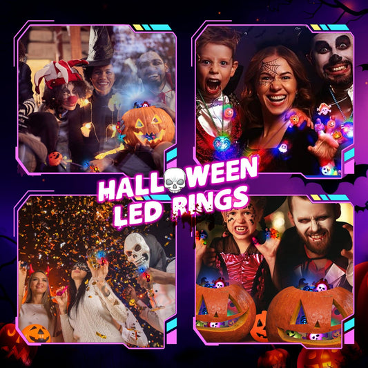 Glow-in-the-Dark Halloween LED Rings – Colorful Light-Up Party Favors with Pumpkins, Ghosts, Skulls & Bats (2025 Upgrade)