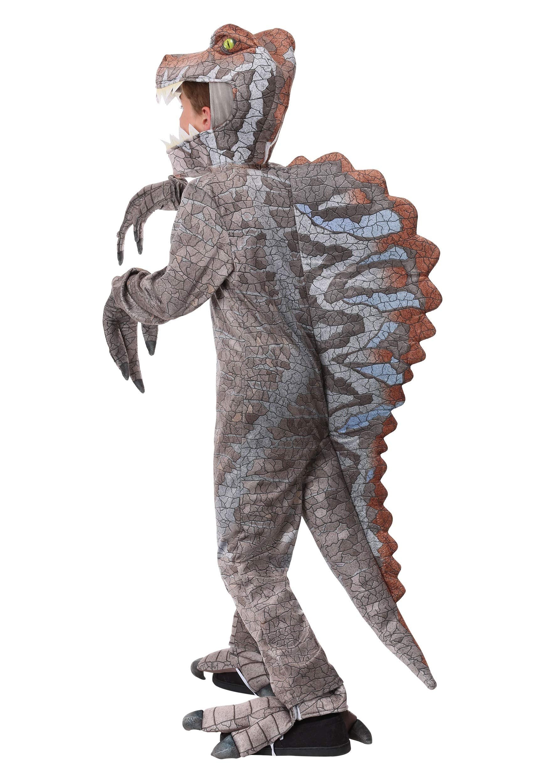 Kids Spinosaurus Dinosaur Costume – Realistic Gray Jumpsuit with Tail, Headpiece, Mitts & Shoe Covers