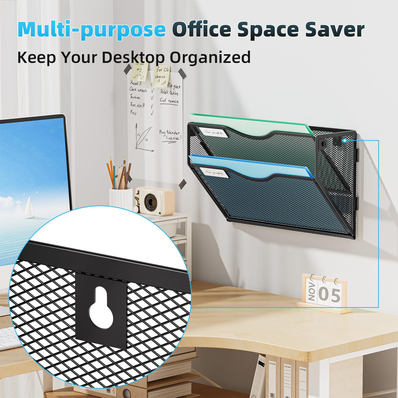 Marbrasse Wall-Mounted 2-Tier File Holder – Vertical Mesh Document & Mail Organizer for Office and Home (Black)