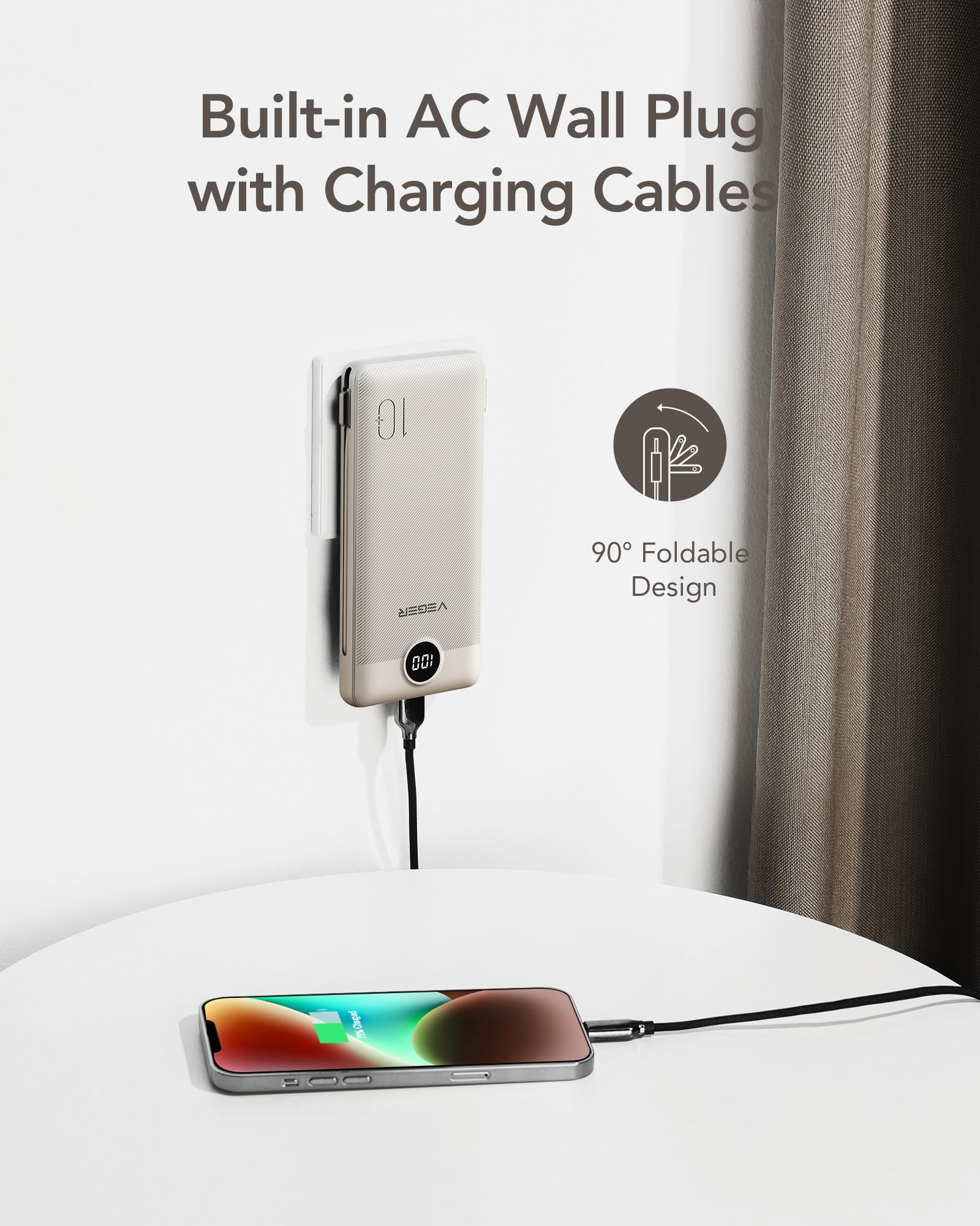VEGER 10000mAh Portable Power Bank with Built-In Cables & AC Plug – Ultra Slim Fast Charging Travel Charger