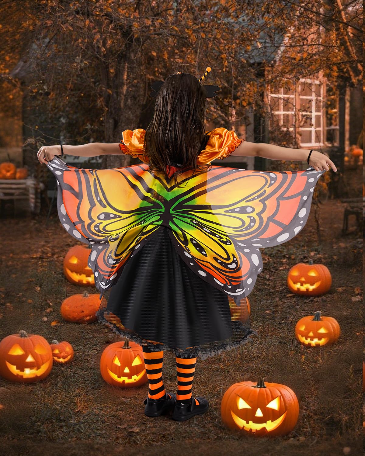 Kids Butterfly Fairy Costume with LED Wings – 6-Piece Set Includes Tutu Dress, Wand, Headband, Mask, and Candy Bag for Halloween & Parties (Ages 4–11)