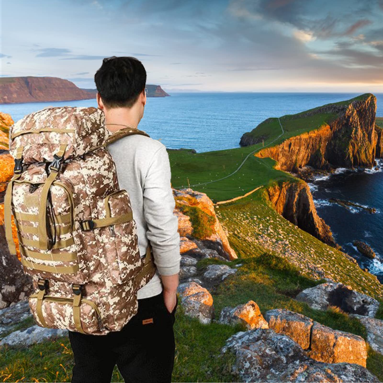 70L Tactical Hiking Backpack for Men – Waterproof Lightweight Military Rucksack with MOLLE for Camping & Outdoor Travel – Black