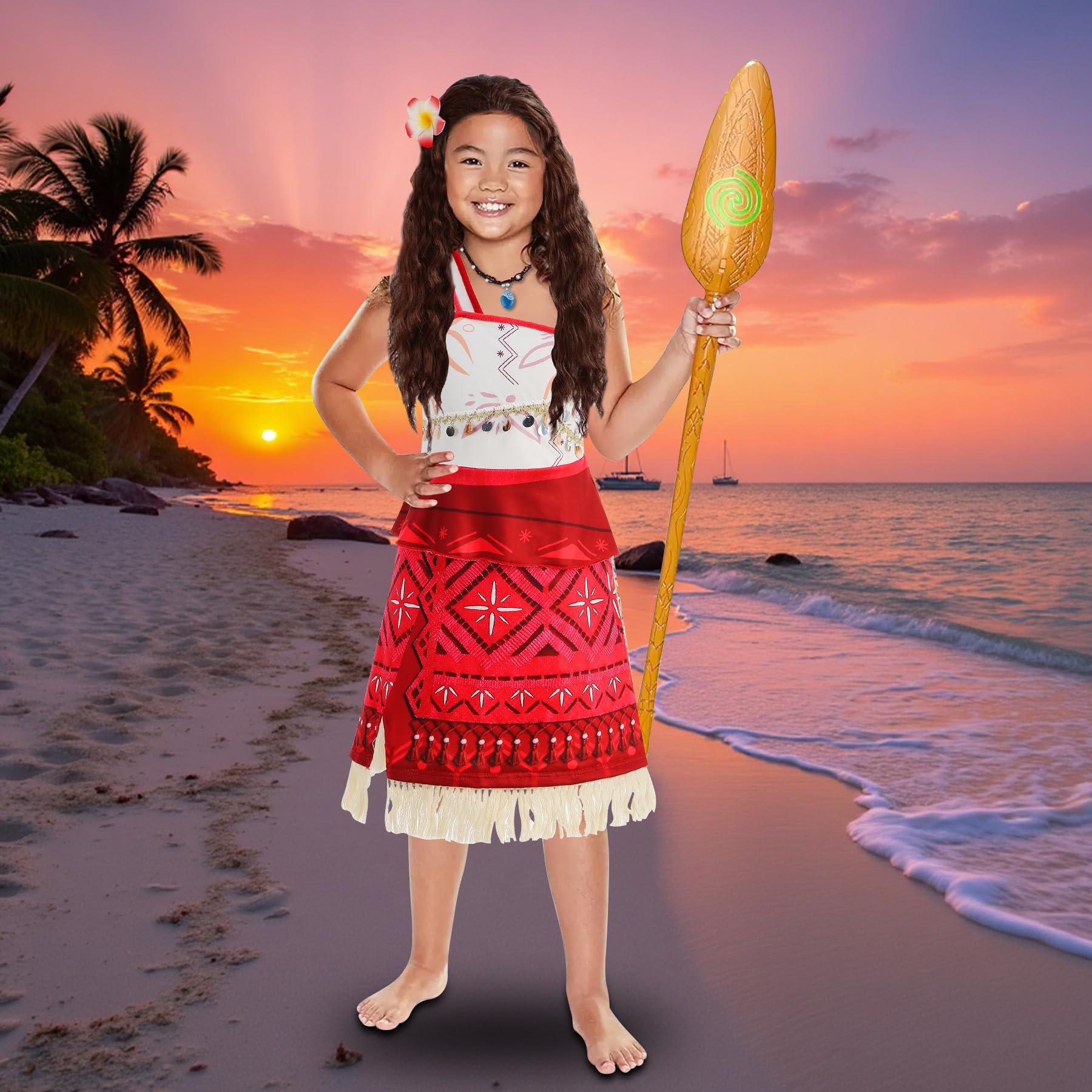 Girls Ocean Adventure Princess Costume with Red Wig – Halloween Cosplay Dress with Necklace & Flower Clip