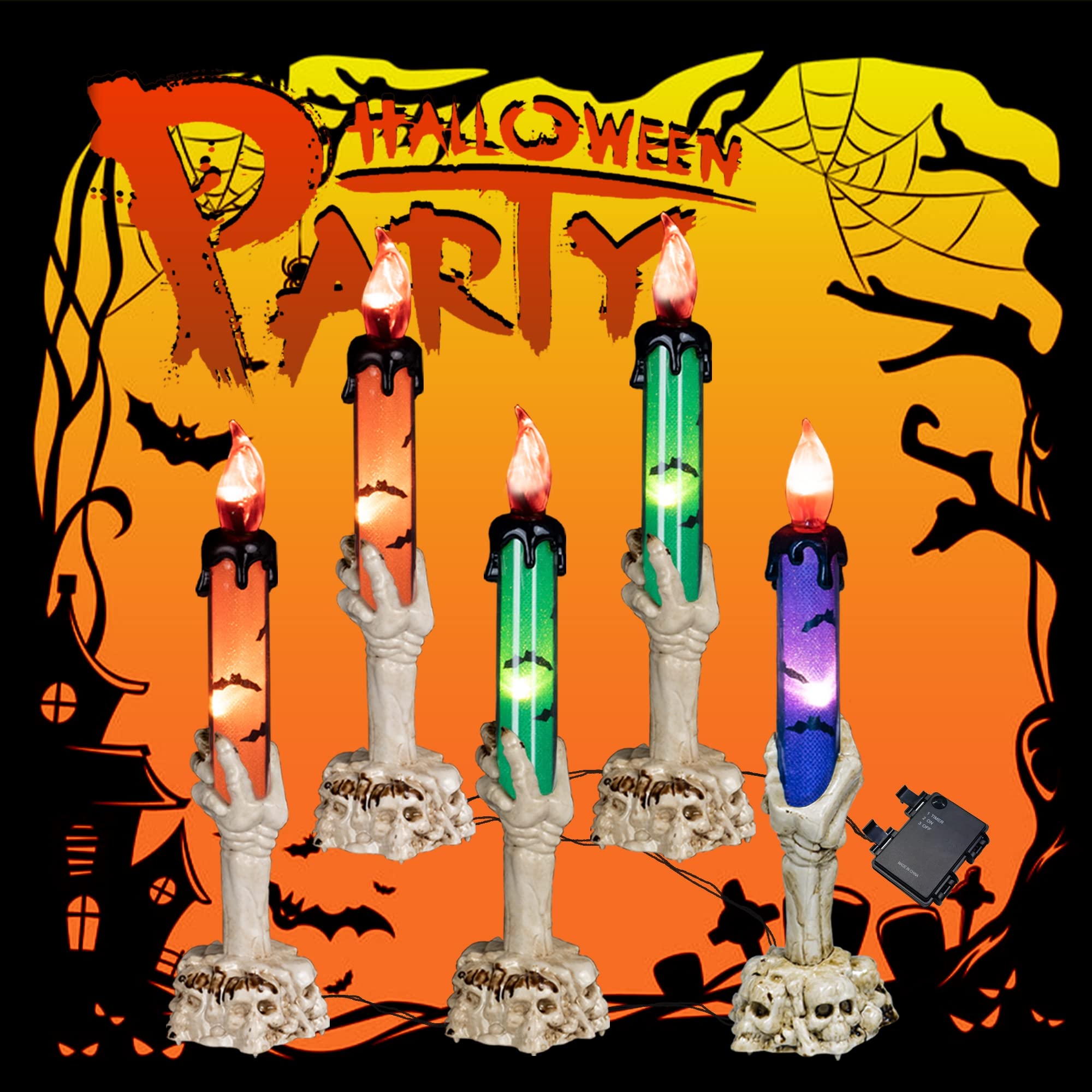 Halloween Skull Candle Light Stakes – 5-Piece LED Yard Decoration Set in Orange, Purple & Green with Timer Function